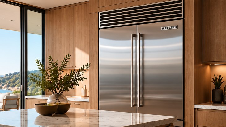 Contemporary coastal luxury kitchen with stainless-steel refrigeration